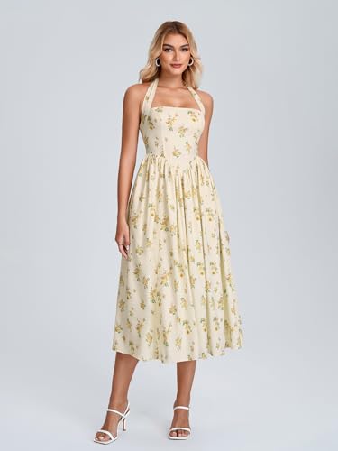 Image of Parthea Women's Floral Halter Corset Midi Dress 2026 Elegant Smocked Flowy Wedding Guest Dresses with Pockets