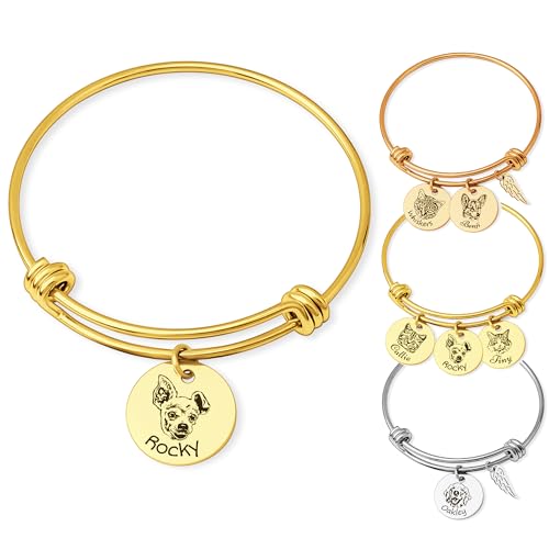 Anavia 1/2/3/4 Disc Pet Portrait Bangle Bracelet, Personalized Pet Memorial Expandable Charm Bracelet Jewelry Gift, Customized Round Disc Photo Engraved Dog Cat Bracelet for Animal Lovers
