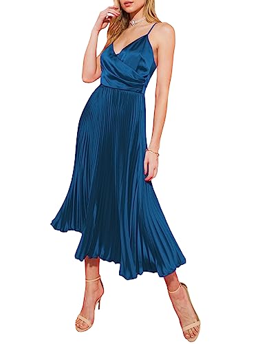 ZAFUL Womens Satin Sexy Backless Wrap V Neck Sleeveless Spaghetti Strap Pleated Flowy Party Midi Dress