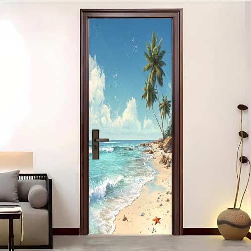 Vinilo Autoadhesivo Para Puerta 77x200 cm Olas De Playa Tropical Pegatinas Puertas Impermeables, ExtraíBles Sin Residuos Azul Para DecoracióN De Dormitorio, BañO u Oficina