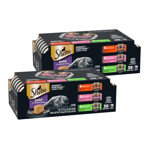 Image of Sheba Perfect Portions Wet Cat Food Pate Savory Chicken, with Sustainable Salmon, and Roasted Turkey Entree Variety Pack, 2.6 oz. Twin-Pack Trays (18 Count, 36 Servings) (Pack of 2)