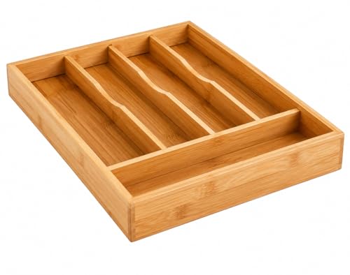 Range Couverts en Bambou - Organiseur pour Tiroir de Cuisine 5 Compartiments – Résistant Durable Ecologique (34 x 25 cm)