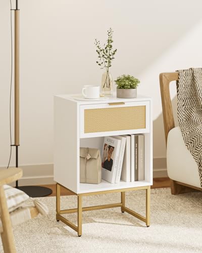 Image of Masupu Rattan Nightstand,Modern Night Stand Boho Farmhouse Wood Bedside Table with Storage Drawer Side End Table for Bedroom,Office,White