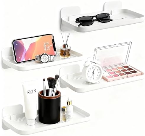 2 Pack Adhesive Floating Shelves No Drill Small Floating Shelf for Wall Storage Damage-Free Wall Mounted Organizer for Bathroom, Kitchen, Bedroom & Office (White-4pcs)