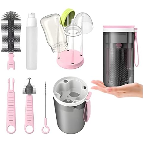 AivaToba 6-in-1 Baby Bottle Cleaning Set, Pink, with Drying Rack, Soap Dispenser, and Nipple Brush, for Travel Cover