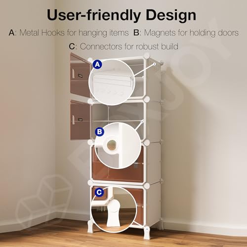 Image of BOXJOY 8 Shelf White Shoe Rack for Home with 4 Brown Doors, Hard PET Plastic with Metal Door Frame, Shoe Chappal Slipper Sandals Stand