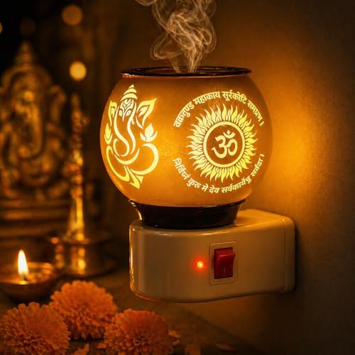 Image of Ganesh Ji Om Glass Camphor Lamp Holder | Kapoor Dani Electric Camphor Diffuser for Home | Kapur Burner | Kapoor Diffuser Machine for Puja Essentials | Kapurdani Camphor Diffuser Burner