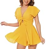AGQT Women's Sexy V Neck Self Tie Front Romper 2025 Summer Short Jumpsuit Playsuit Outfit Mini Dress, Boho Romper for Women Summer Dressy (S, Yellow Solid)