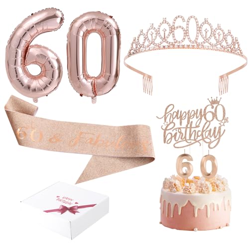 60th Birthday Decorations Gifts for Women Birthday Party Favors Including 60th Crown/Tiara,"Birthday fabulous" 60th Sash,60th Birthday Candles and Cake Toppers, Rose Gold 60th Balloons