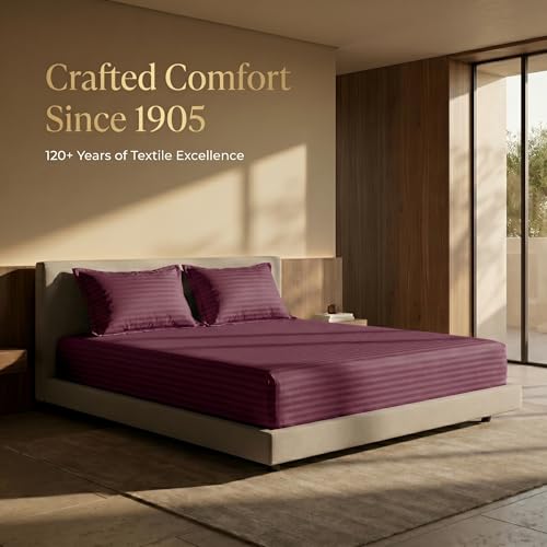 Image of Mafatlal Italian Strip King Size Bed Sheet with 2 Pillow Covers Pure Cotton | 210 TC Flat Bedsheet Red | 108 x 108 Inches | Luxury & Breathable Fabric