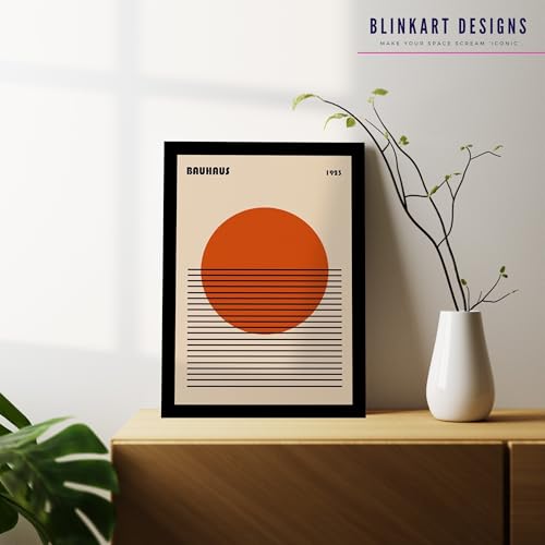 Image of BLINKART Vintage Bauhaus Retro Geometric Aesthetic Poster Gallery | Colorful Wrap Framed For Home Office Studio Living Room Modern Art Studio Decoration Abstract Shapes | (d144) | 13x10 Inch