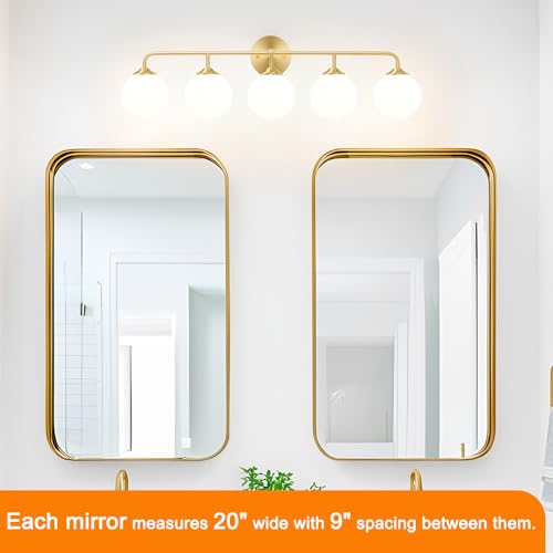 Image of Modern Brushed Brass 5-Lights Bathroom Vanity Light, Lighting Fixtures Over Mirror with Milky White Glass Ball Shades, Wall Sconces for Bathroom Dressing Table Bedroom