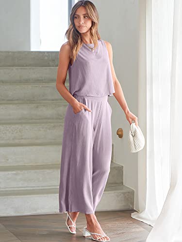 Image of ANRABESS Women's Summer 2 Piece Outfits Sleeveless Tank Crop Button Back Top Cropped Wide Leg Pants Set Pockets