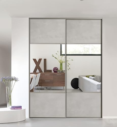 Kit de 2 portes de placard coulissantes, hauteur 250 cm, largeur 150 cm, décor toilé minéral, partitionné miroir argent, profils et rails gris inclus