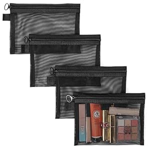 Vinuwu 4Pcs Small Make Up Bag, Mesh Makeup Bags for Handbag, Cosmetic Pouch with Zipper, See Through Bag Organiser Pouches for Toiletries, Holiday Travel Essentials for Women Men (Black)