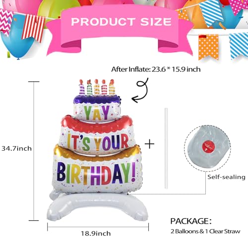 Image of 2pcs Happy Birthday Cake Foil Balloons, Self-Standing 35 Inch Three-Layer Mylar Birthday Balloons, Yay Balloon for Girls Boys Kids Baby Shower Party Supplies