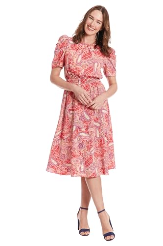 Image of London Times Women's Caterpillar Puff Sleeve Midi Dress - Gathered Waist A-Line Flowy Summer Dress