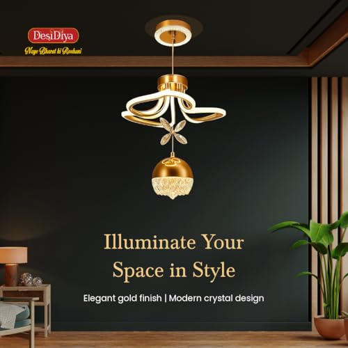Image of Desidiya Modern LED Crystal Pendant Light Dimmable Elegant Gold Design & 3-Light Modes Ceiling Light Fixture for Living Room, Dining Room, Bedroom Comes with Cystal Butterfly