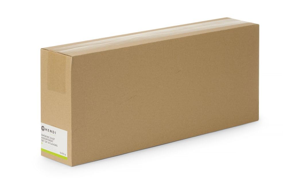 HENDI Trucioli, segatura, di legno, essenze aromatiche, per affumicatura a freddo, set di 9 aromi, mandorlo/faggio/olivo/agrumi/quercia/pesca/vino rosso/whisky/cognac, affumicatore, 1,4 kg (9x150 g)