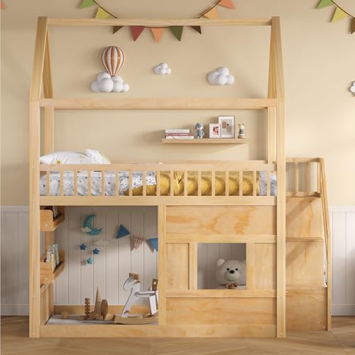 Image of Bellemave Bunk beds Full Over Full with Storage Stairs,Two Placement Methods,House bunk Bed, Pink