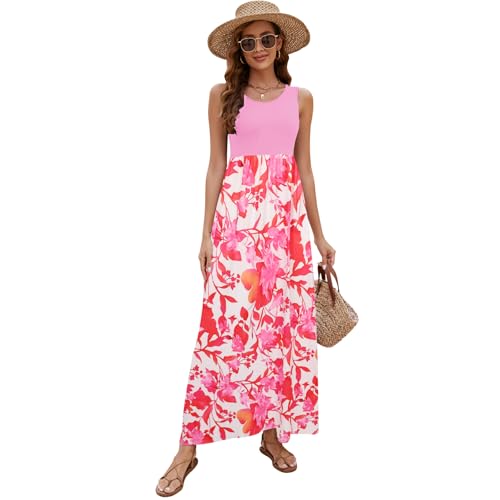 Image of Sherosa Women Boho Chevron Striped Floral Printed Summer Sleeveless Tank Long Maxi Party Dress