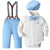 Fohuanky Baby Jungen Outfit Set mit Hosenträgerhose, Bodyhemd, Fliege und Mütze, Festliches Gentleman Baby Outfit 0–18 Monate