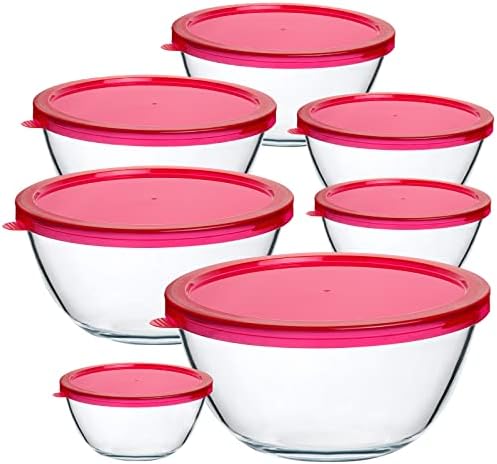 KOMUEE 14-Piece Glass Mixing Bowls with Lids Set,Glass Salad bowls Nesting Glass Storage Bowl for Kitchen, Baking,Microware,Freeze and Dishwasher Safe