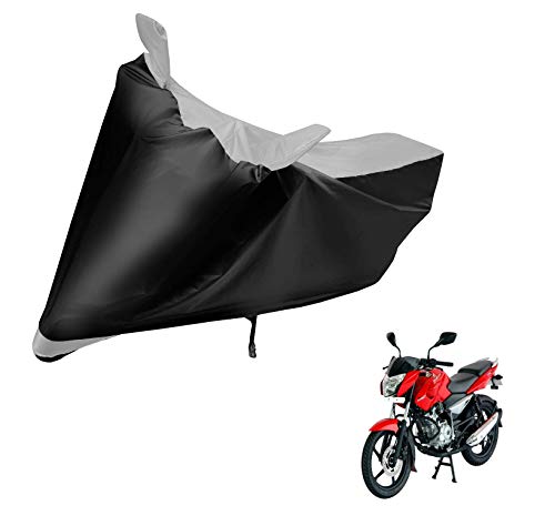 Image of Auto Hub Bike Cover Compatible with Bajaj Pulsar 135 LS with Mirror Pocket, Dustproof, Heat Resistant, Triple Stitched, Pulsar 135 Bike Cover- Black, Silver