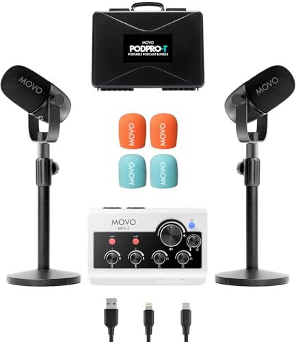 Movo Portable Podcast Equipment Bundle for iPhone/Android Phones- Podcast Kit with Audio Interface, 2 CastMic Dynamic Mics, 2 Table Stands - For Smartphones, Computers, PC, Mac - Lightning, USB, USB-C