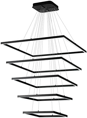 MADEM LED Chandelier Modern Square Chandelier Dimmable 5 Ring Pendant Light Contemporary Chandelier Adjustable Pendant Ceiling Light Fixture for Living Dining Room Bedroom, 6000K Cool White, Black