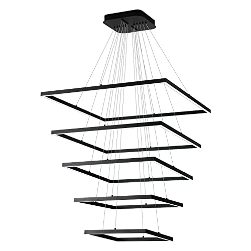 Madem Led Chandelier Modern Square Chandelier Dimmable 5 Ring Pendant Light Contemporary Chandelier Adjustable Pendant Ceiling Light Fixture For Living Dining Room Bedroom, 6000K Cool White, Black #TOP3