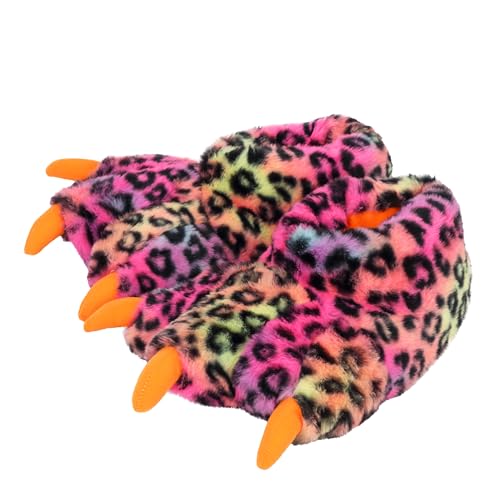 Aopuro Women Plush Animal Paw Slippers Funny Novelty Bear Claw Slippers Cozy Furry Warm Memory Foam Slippers Gifts for Halloween Christmas(Colorful Leopard M)