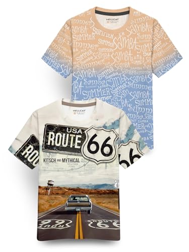 Image of HELLCAT Trendy Front & Back Graphic Printed Cotton Blend Half Sleeve Premium Round Neck Tshirt for Boys - Pack of 2