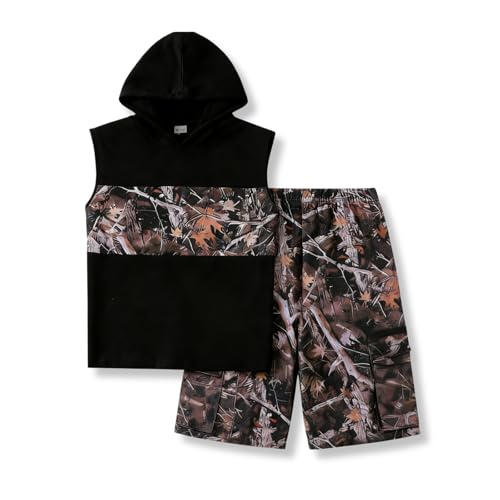 Voxikodex Size 11 12 Years Teen Boys Summer Clothes 2PCS Color Block Hoodie Sleeveless Tank Tops & Camo Work Shorts Set Fashion Boys Summer Outfits Set(11-12Y)