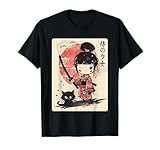 Cute Kawaii Samurai Girl with Katana & Cat Japanese Anime T-Shirt
