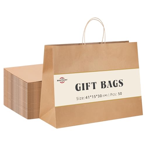 Switory 50 Stk Braun Papiertüten mit Henkel - 41 x 15 x 30 cm...
