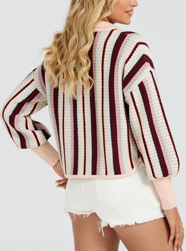 Image of Ladyful Women's Cropped Cardigan Sweater Tie Front Striped Long Sleeve Crochet Tops Fall Trendy Knit Outfits
