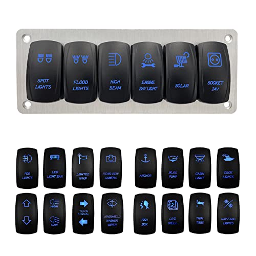 Image of 6 Gang Silver Aluminum Rocker Switch Panel Blue Led RZR Toggle Switch Panel Replacement Kit for Car Boat RV Camper UTV Yacht Dashboard