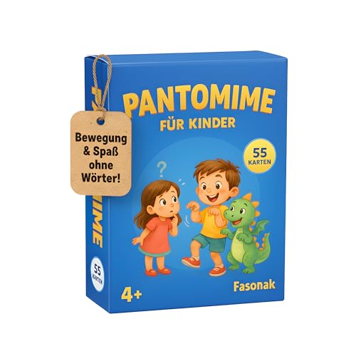 Fasonak Pantomime Spiel für Kinder – Lustiges Familienspiel & Ratespiel – Indoor & Outdoor Bewegungsspiel für Mädchen & Jungen – ab 4, 5, 6, 7, 8 Jahren (55 Karten)