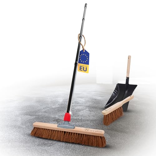 Novaliv Kokosbesen Besen mit Stiel 50 cm Kokosborsten inkl. Kehrgarnitur schwarz bestehend aus Kehrblech und Handfeger Besen Naturborsten Ideal als Werkstattbesen Hallenbesen mit Stiel Industriebesen