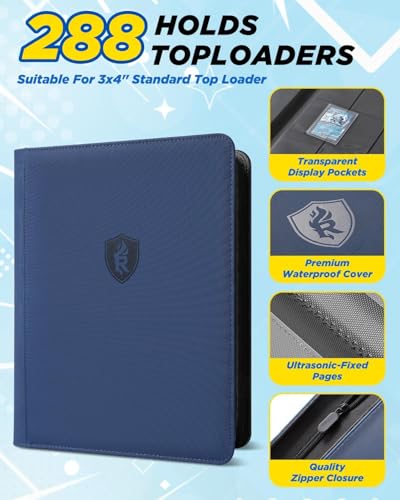 Image of 9 Pocket Top Loader Binder with Zipper - Holds 288 Toploaders - Premium Double-Sided Card Album for Trading Cards, TCG, MTG, Sports Cards (Blue)
