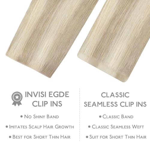 Image of WENNALIFE Invisi Edge Clip in Hair Extensions Real Human Hair, 12 Inch 80g 7pcs Ash Blonde Highlighted Platinum Blonde Invisible PU Skin Weft Straight Extensiones De Cabello Hmano Clip Ins