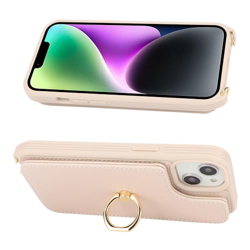 Image of for iPhone 13 Case with Card Holder for Women,Crossbody Strap Lanyard,Credit Card Holder,Ring Stand,Snap Clasp,Wallet Case 6.1 inch (Beige)
