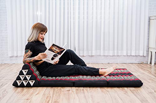Leewadee Foldout Triangle Thai-Cushion Floor-Seat with Back-Rest TV Pillow Lounge-r Foldable Out-Door Mattress, 67x31x13 inches, Kapok, Black red - Thumbnail 3