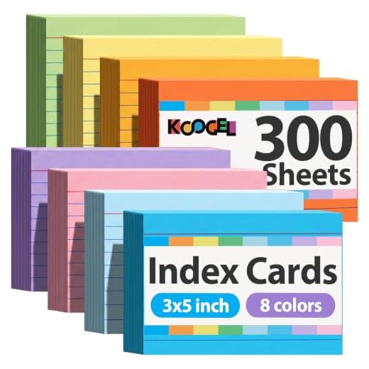 Koogel 300PCS Ruled Index Cards, 5 x 3 Inch Index Cards Flash Cards Neon Color Note Cards Study Cards for School Learning Memory Office