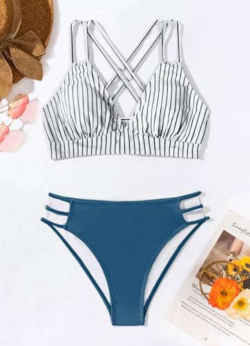Image of Fanuerg Women's Sexy V Neck Bikini Sets Hollow Out Two Piece Swimsuits Cutout Mid Waist Bathing Suit