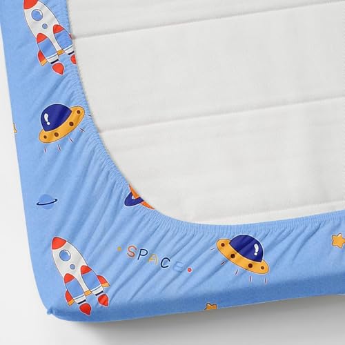 Image of RD FABS Glace Cotton Wrinkle Free Soft Hypoallergenic Elastic Fitted Cartoon Printed Bedsheets for Kids with 2 Pillow(Size,78 x 72 Inches(Fits up to 8 Inch),Blue Astronaut),Double Bed,300 TC
