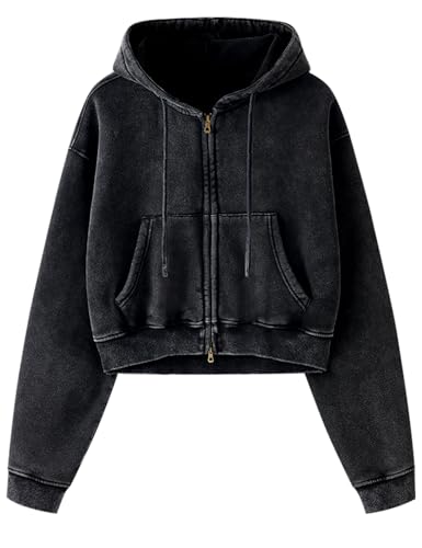 Gihuo Women's Zip Up Hoodie, Cropped Acid Wash Fleece...