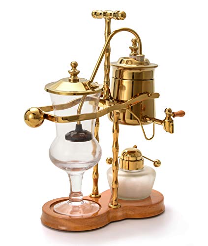 Diguo Gen-2 Belgium/Belgian Luxury Royal Balancing Siphon Coffee Maker. Wooden Base, T-Handle, Easy to Clean Take Apart Water Retainer and Permanent Filter. Color: Golden
