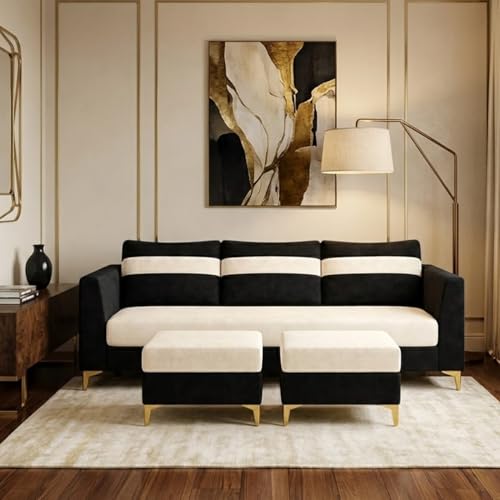 Image of FURNY Nova 5 Seater L Shape Sofa Set with 2 Movable Ottoman | Flexible Left or Right Layout | Plush Velvet Fabric (Black-Cream) | Perfect for Living Room, Guest Room & Office